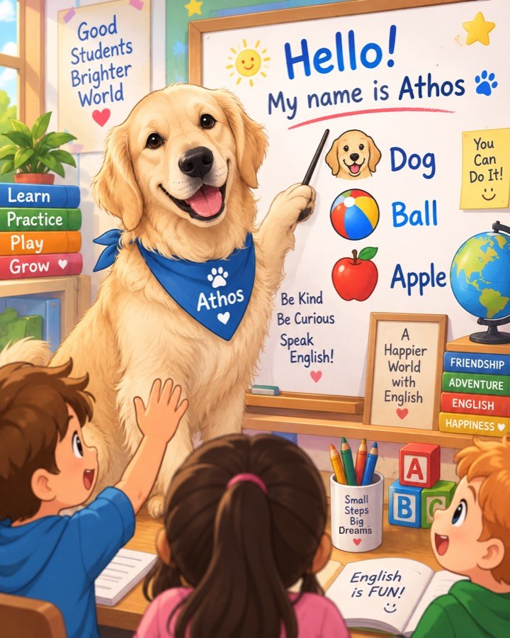 Athos, un golden retriever, enseñando inglés a unos niños